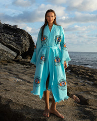 Handmade Blue Evil Eye Design, Organic Turkish Cotton Robe – Kimono