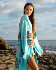 Handmade Blue Evil Eye Design, Organic Turkish Cotton Robe – Kimono