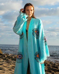 Handmade Blue Evil Eye Design, Organic Turkish Cotton Robe – Kimono