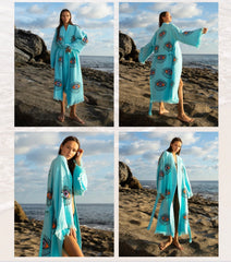 Handmade Blue Evil Eye Design, Organic Turkish Cotton Robe – Kimono