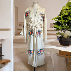 Handmade Turkish Cotton+Bamboo+Muslin Robe - Kimono with Evil Eye (Copy)
