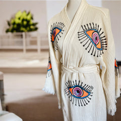 Handmade Turkish Cotton+Bamboo+Muslin Robe - Kimono with Evil Eye (Copy)
