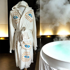 Handmade Turkish Cotton+Bamboo+Muslin Robe - Yellow Kimono with Evil Eye