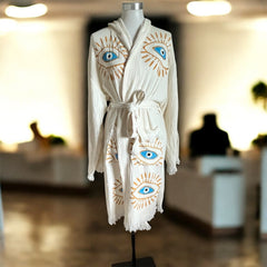 Handmade Turkish Cotton+Bamboo+Muslin Robe - Yellow Kimono with Evil Eye