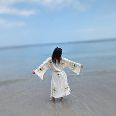 Handmade Yellow Evil Eye Design, Organic Turkish Cotton Robe