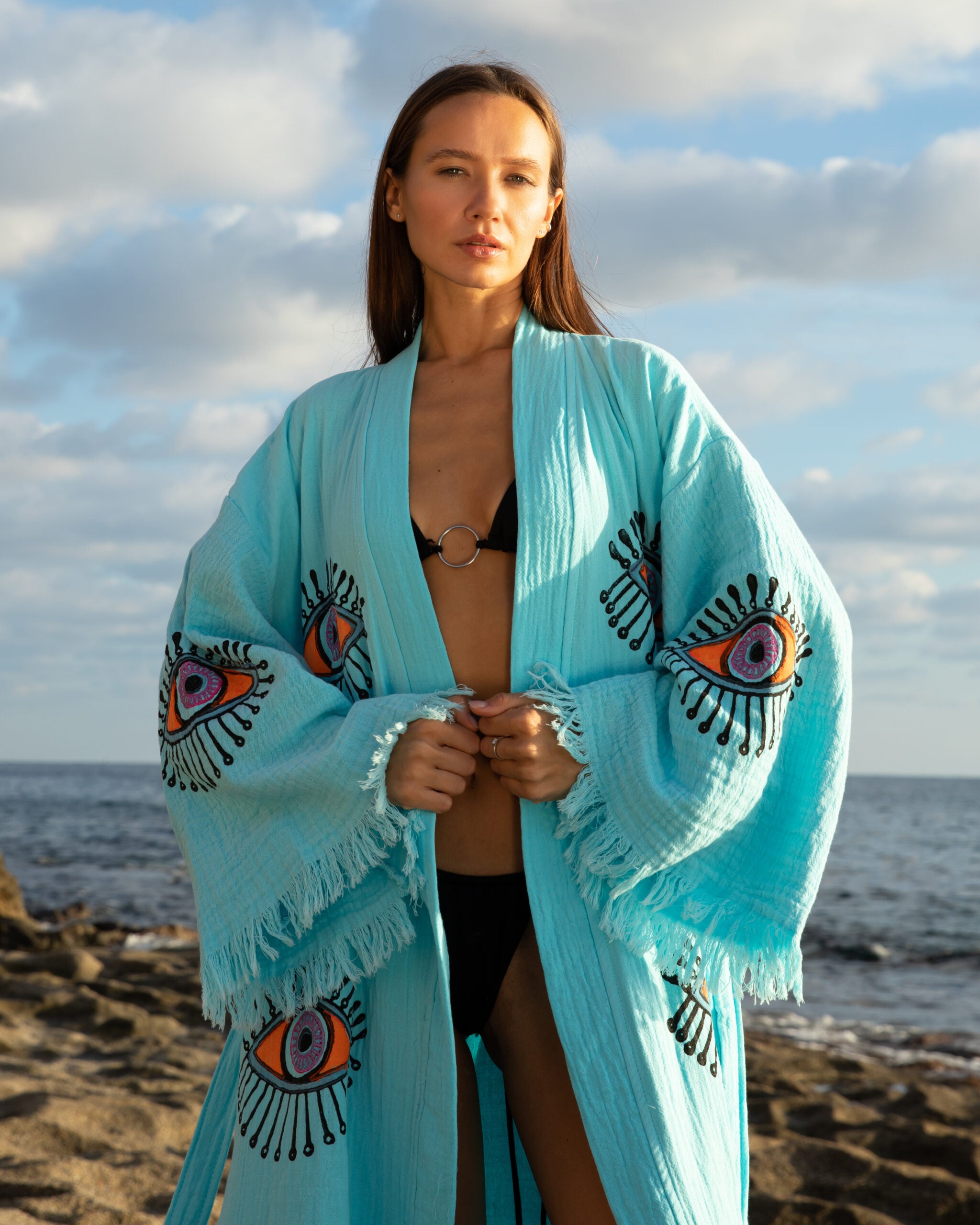 Handmade Blue Evil Eye Design, Organic Turkish Cotton Robe – Kimono