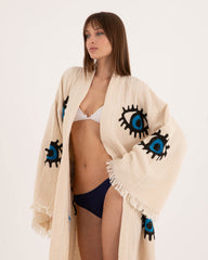 Evil Eye Print Long Kimono Robe - Kaftan Kimono