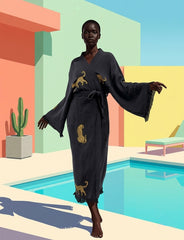 Black Tiger Design Handprinted Robe Kimono