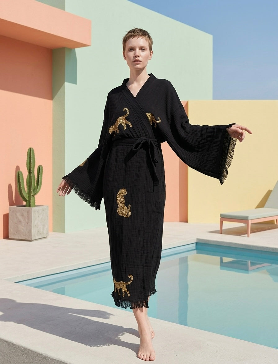 Black Tiger Design Handprinted Robe Kimono
