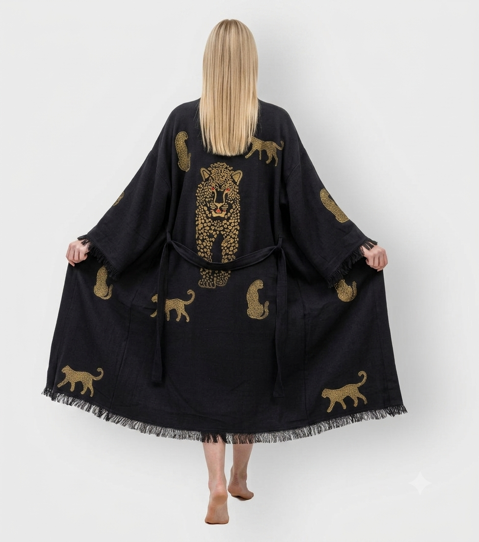 Black Tiger Design Handprinted Robe Kimono
