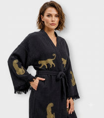 Black Tiger Design Handprinted Robe Kimono