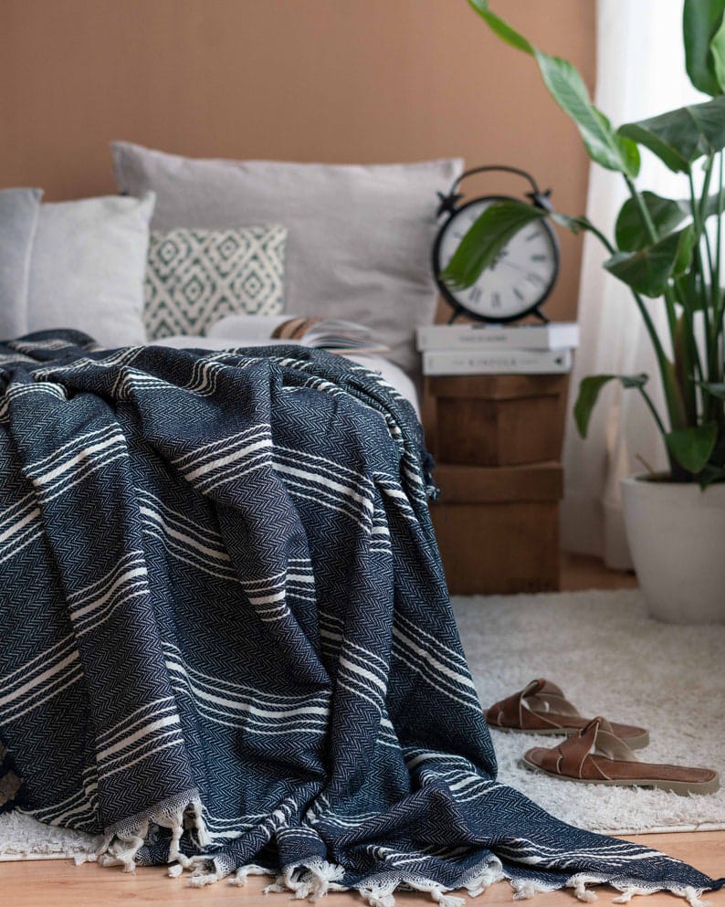 Navy Blue Stripe Throw Blanket