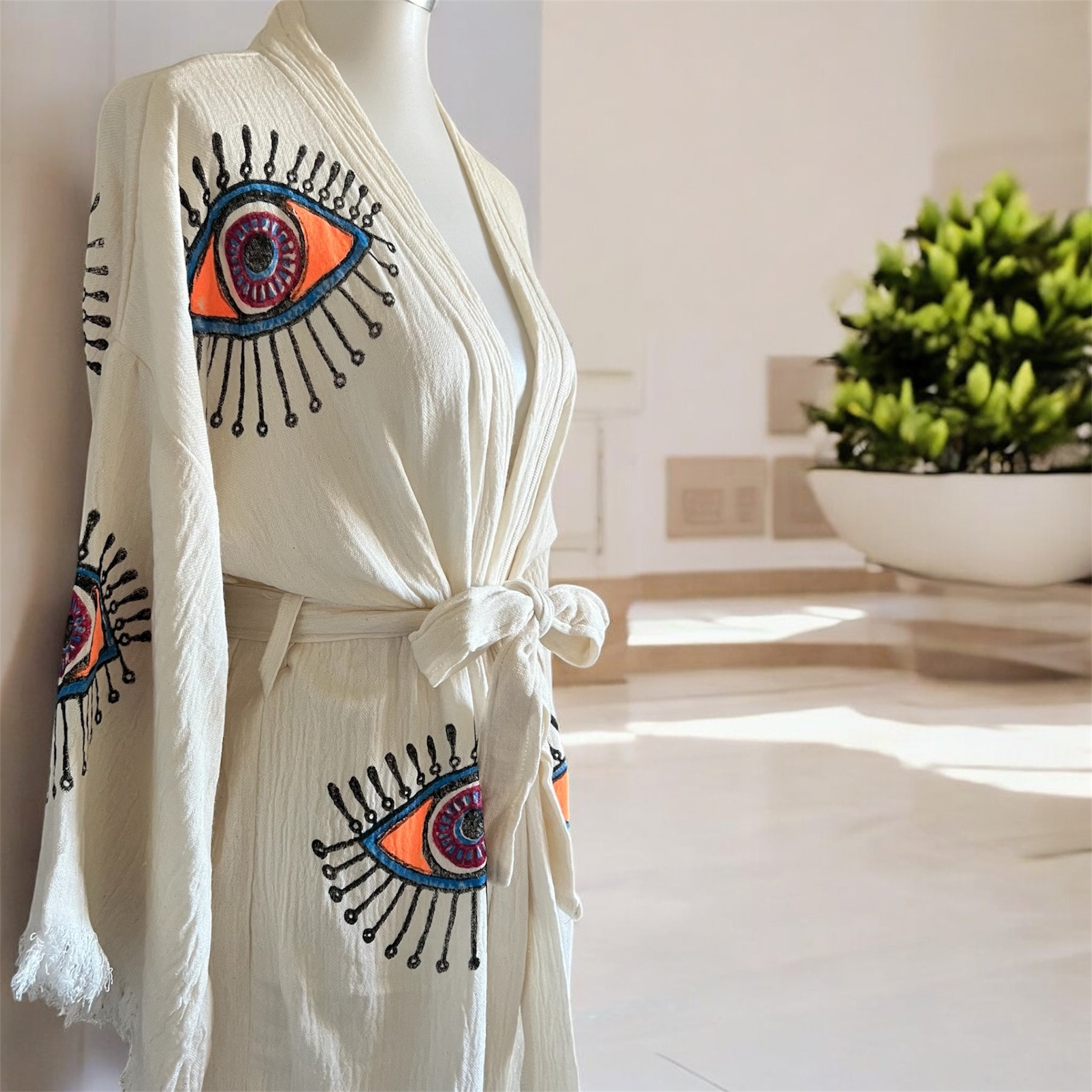 Handmade Turkish Cotton+Bamboo+Muslin Robe - Kimono with Evil Eye (Copy)