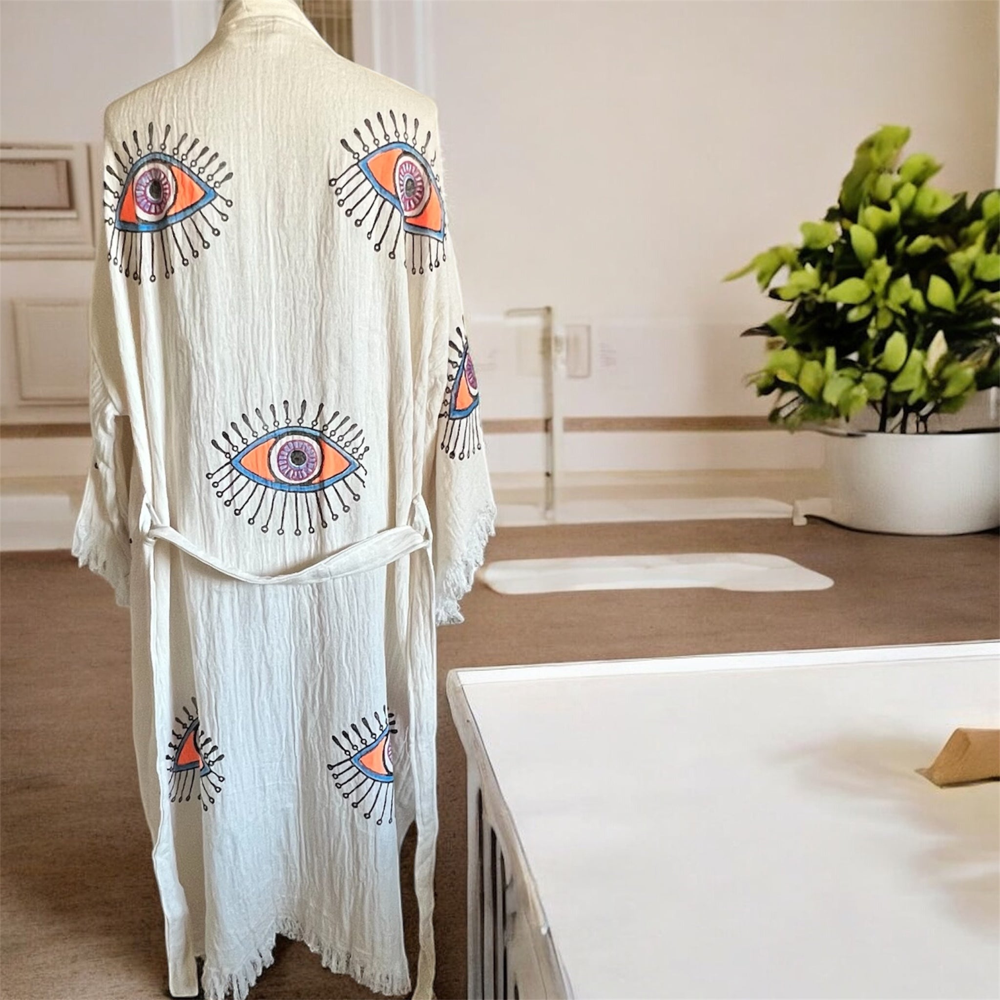 Handmade Turkish Cotton+Bamboo+Muslin Robe - Kimono with Evil Eye (Copy)