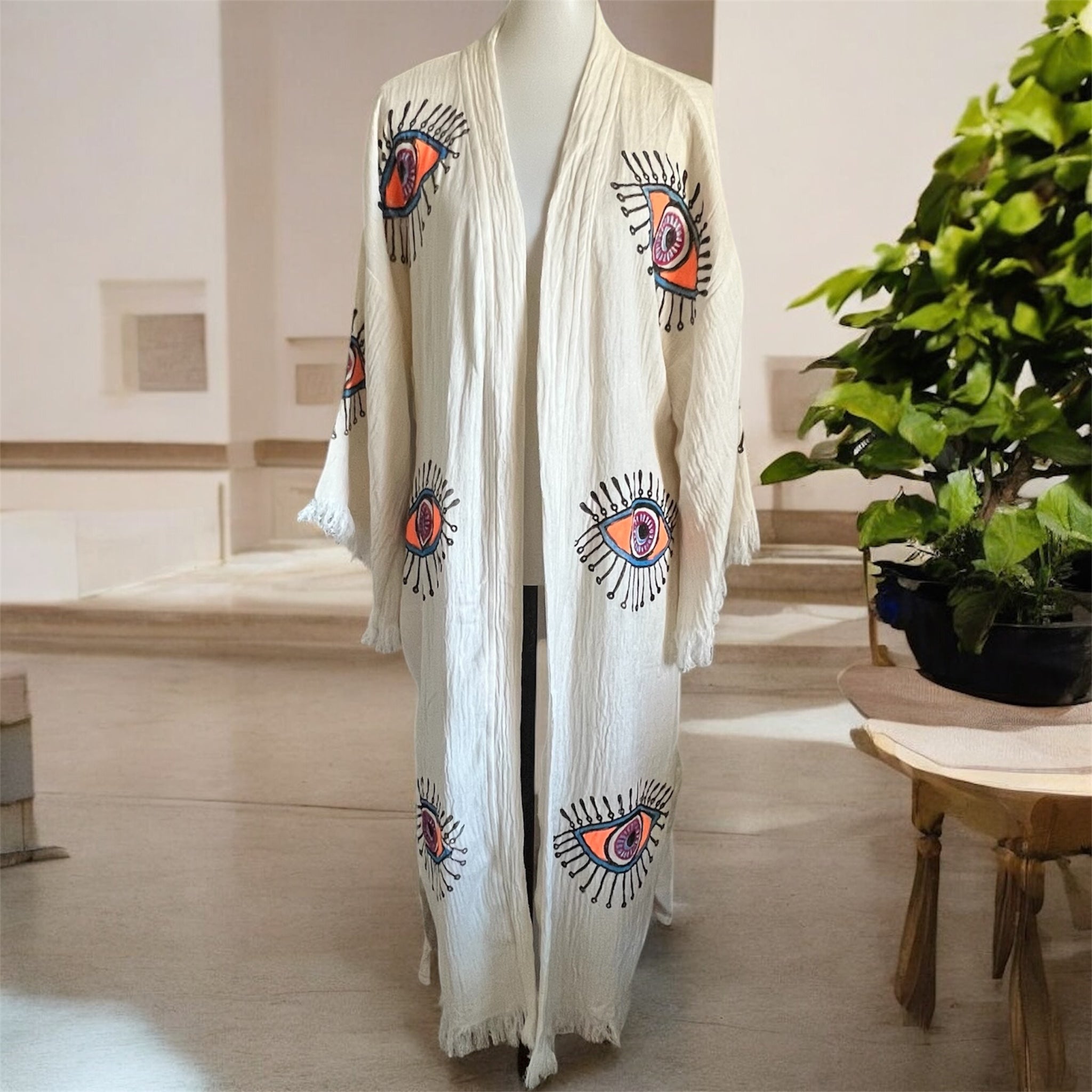 Handmade Turkish Cotton+Bamboo+Muslin Robe - Kimono with Evil Eye (Copy)