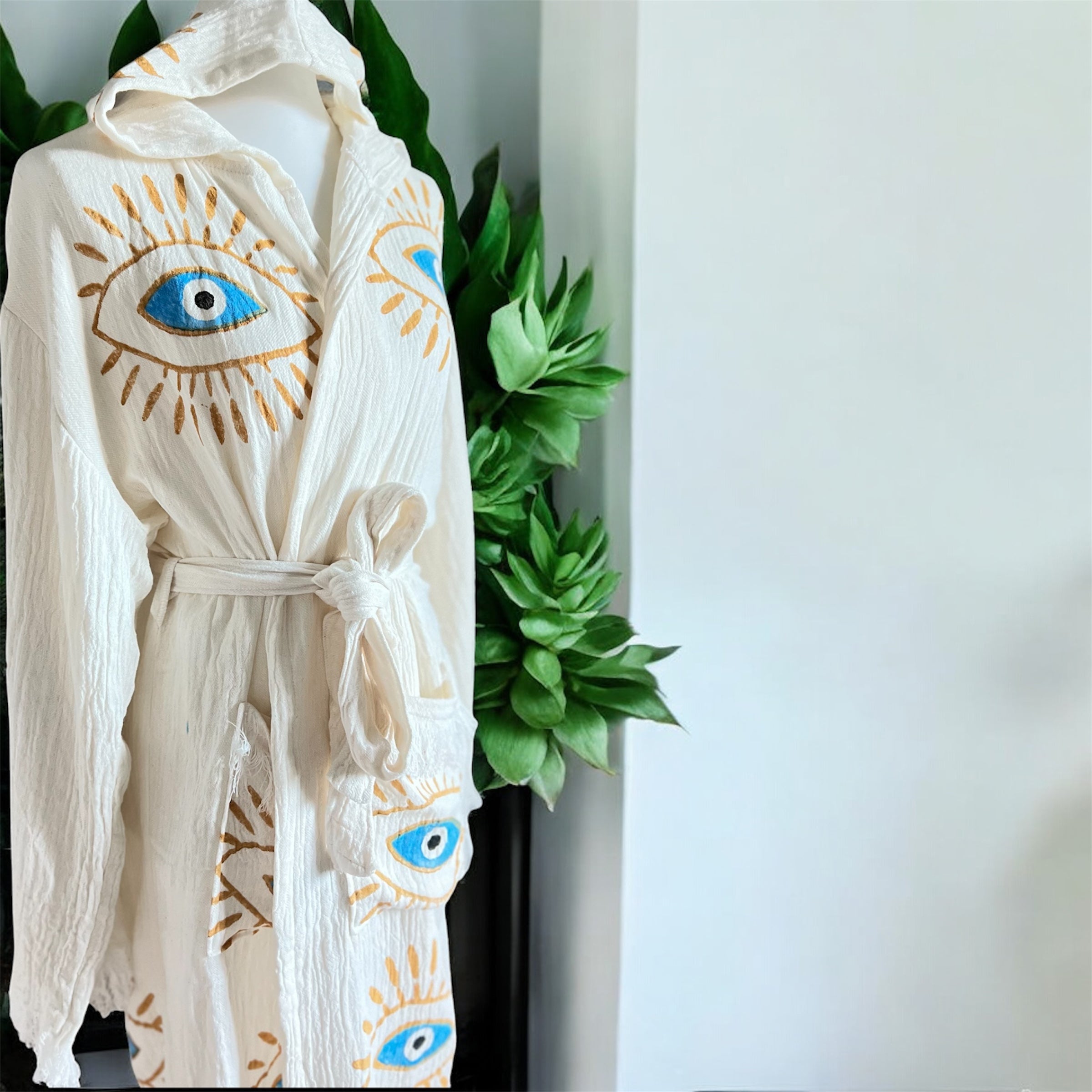 Handmade Turkish Cotton+Bamboo+Muslin Robe - Yellow Kimono with Evil Eye