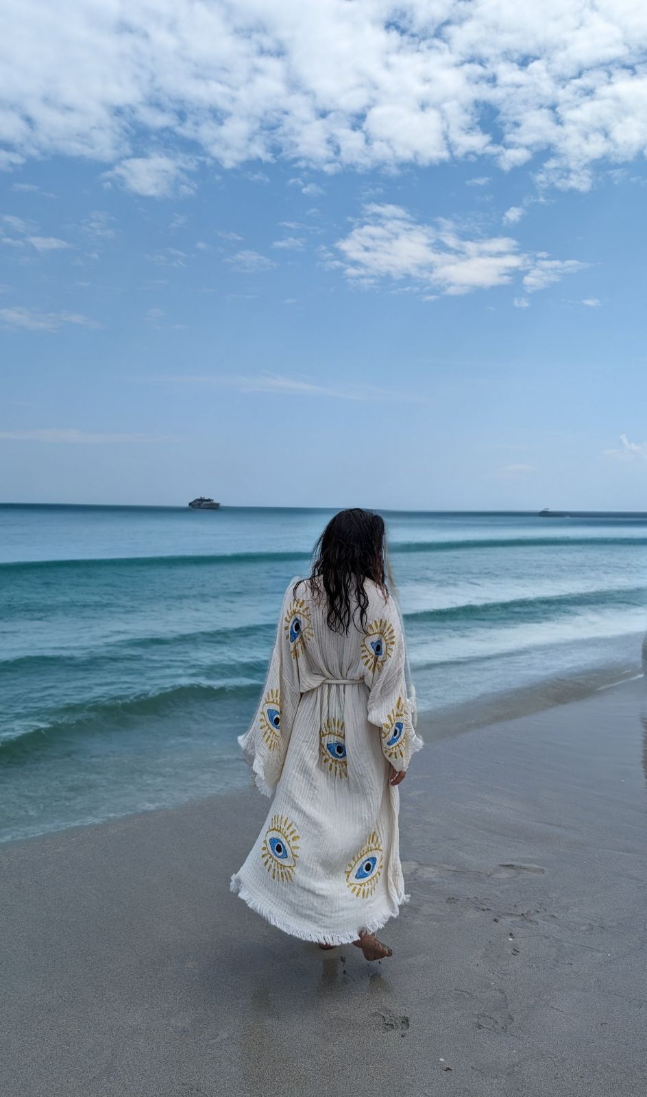 Handmade Yellow Evil Eye Design, Organic Turkish Cotton Robe